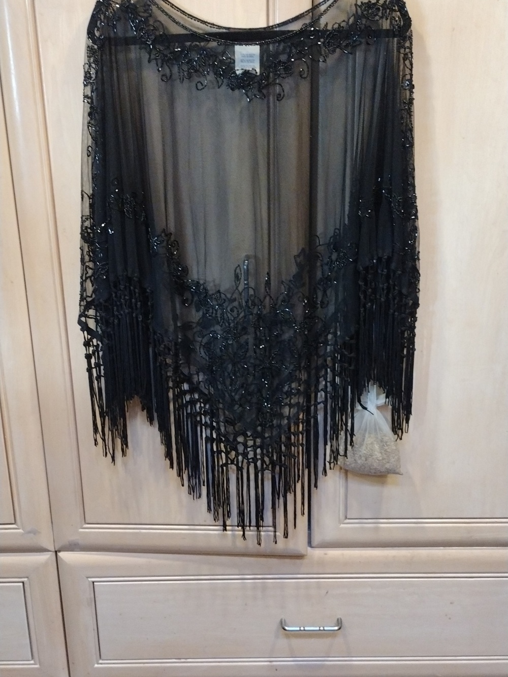 Vtg Gothic Sheer Embroidered Glass Beads Sequins & Fringe Stevie Nicks Poncho - Picture 5 of 16